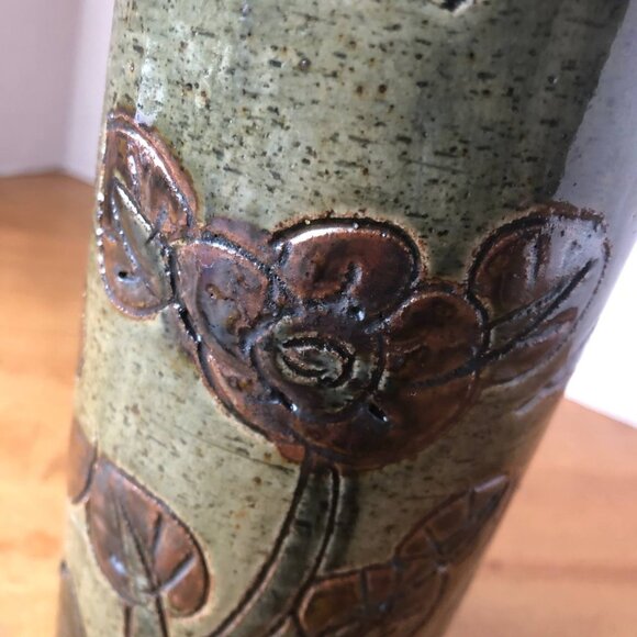 Vintage Japanese Otagiri Incised Vase by OMC Cylinder Pottery Olive Brown Colors - Picture 3 of 10